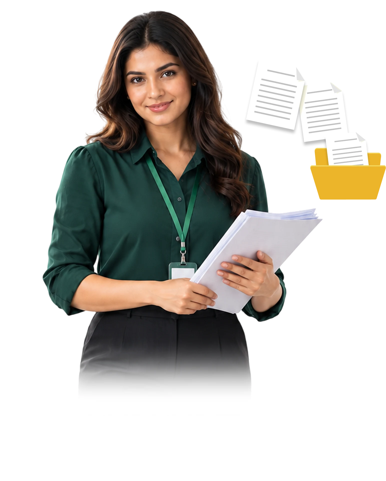 Female document management specialist organizing physical records and digital transitions
